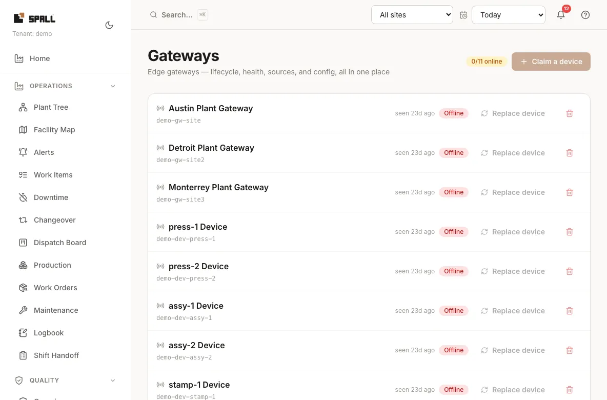 Commissioning wizard showing four tags reading live values, all healthy