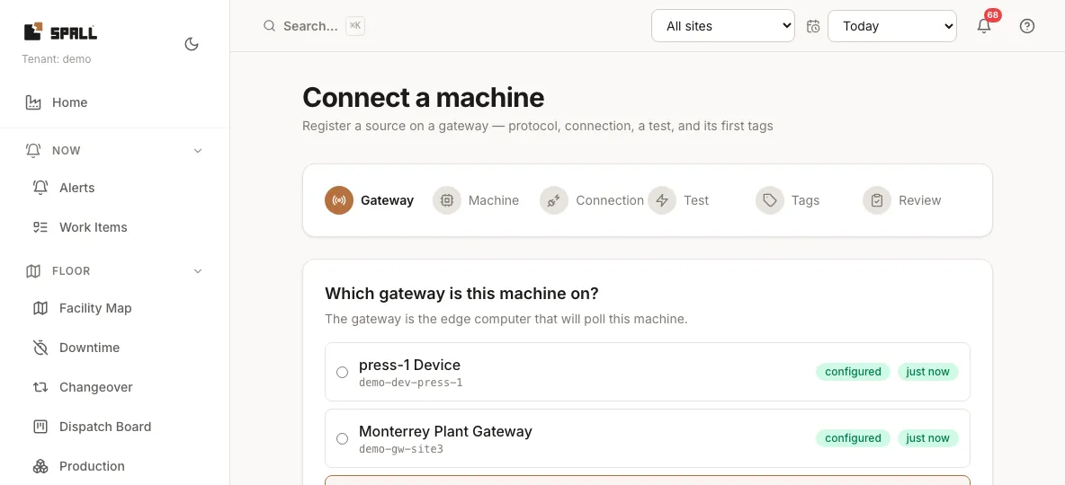 Connect a machine wizard: Gateway, Machine, Connection, Test, Tags, and Review steps, selecting a gateway to commission