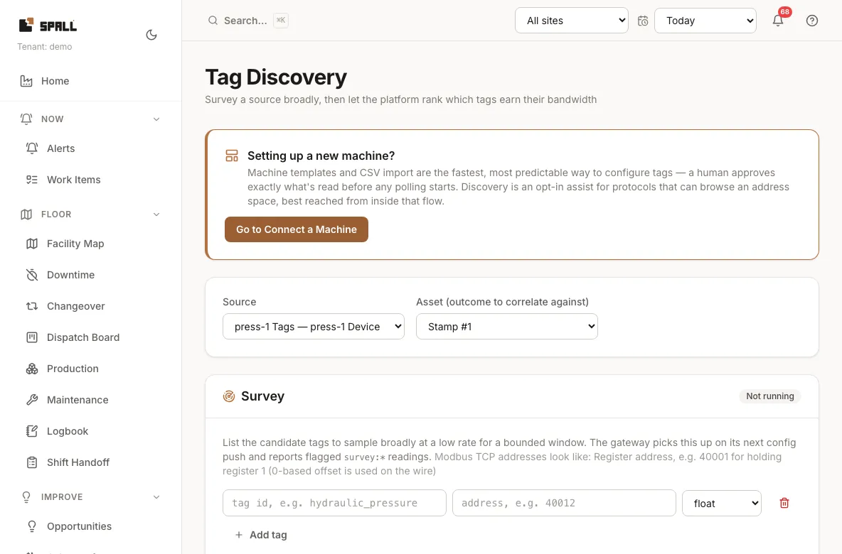 Tag Discovery survey setup: pick a source and an asset outcome to correlate against, then survey candidate tags