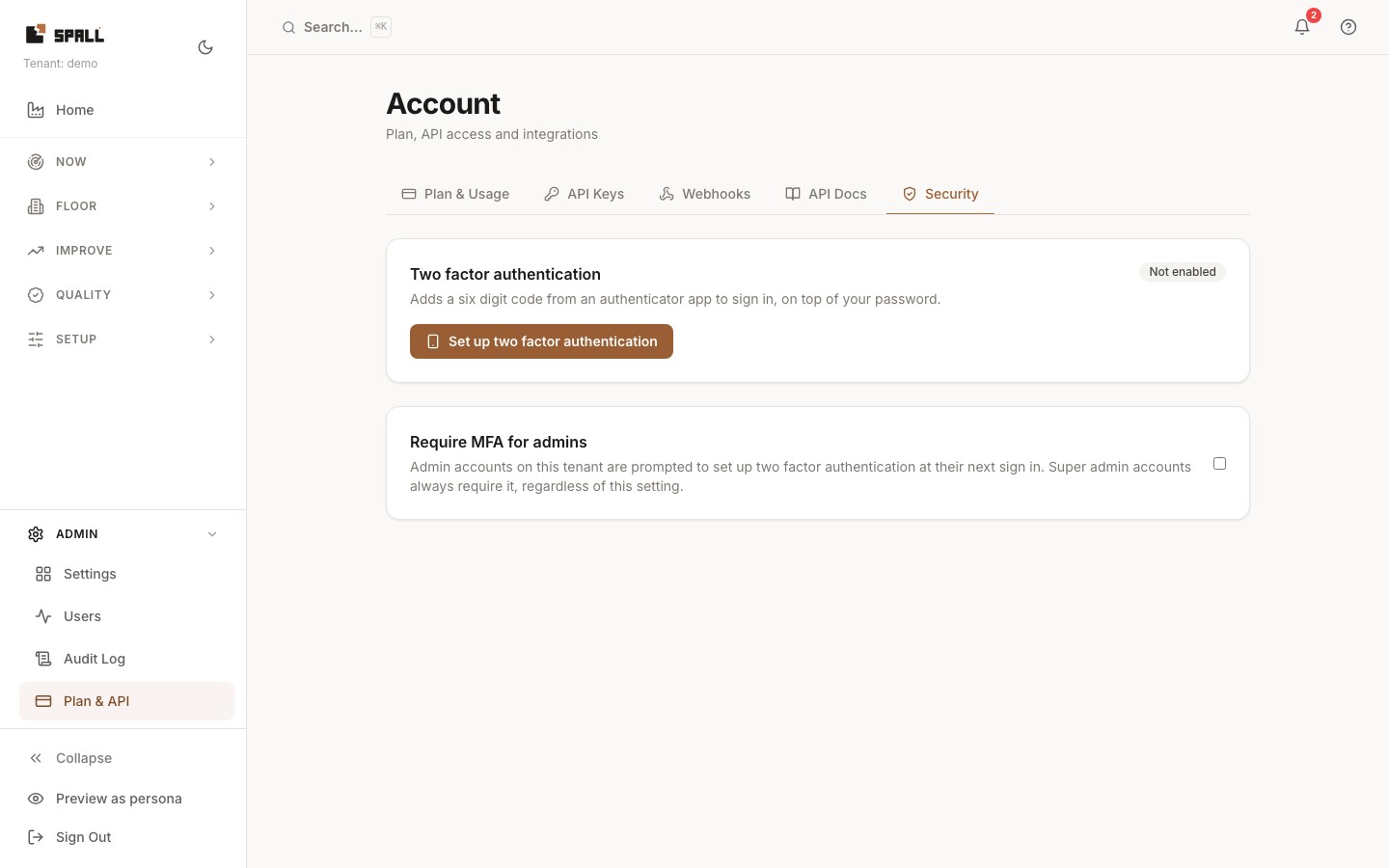 Account, Security tab