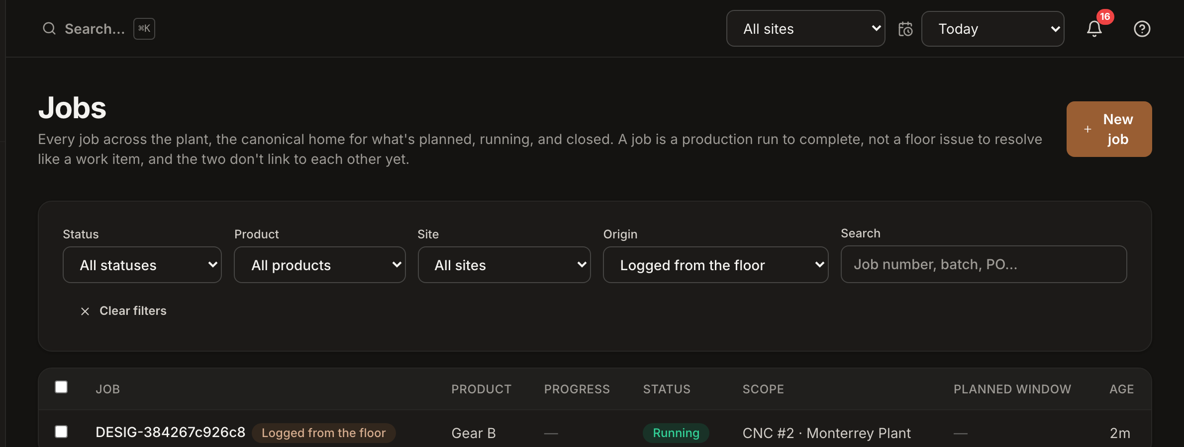 Spall Jobs page filtered by Origin, showing scheduled work orders alongside Logged from the floor entries with a dash where a target quantity would be